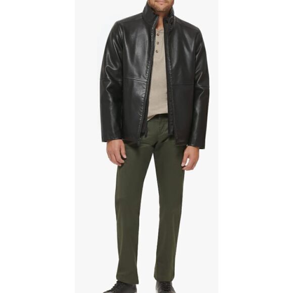 Dockers Mens Small The Dylan Faux Leather Racer Jacket Black with Bib - Picture 1 of 10
